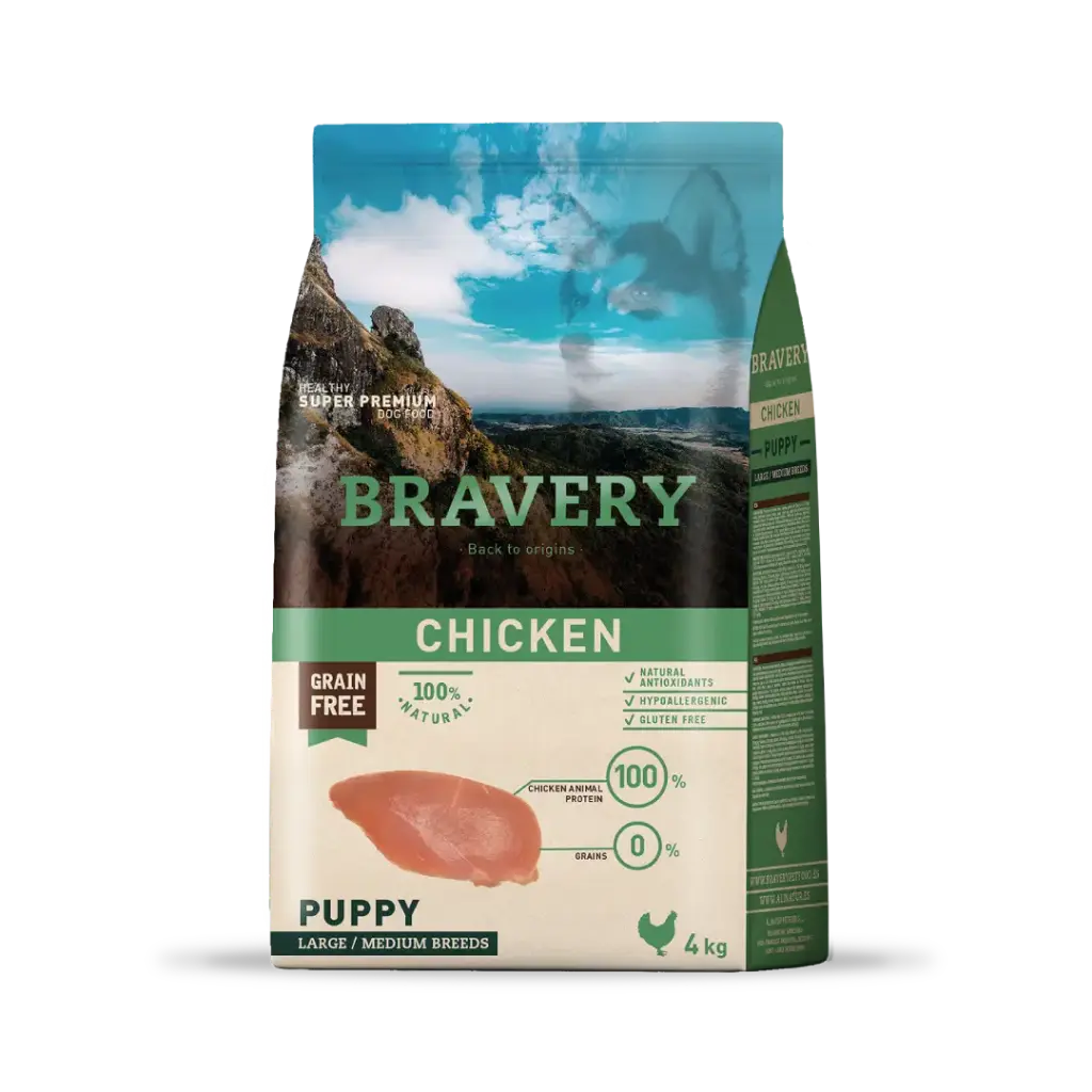 BRAVERY CACHORRO POLLO RAZAS MEDIANAS Y GRANDES. PRESENTACIÓN 4 KG  