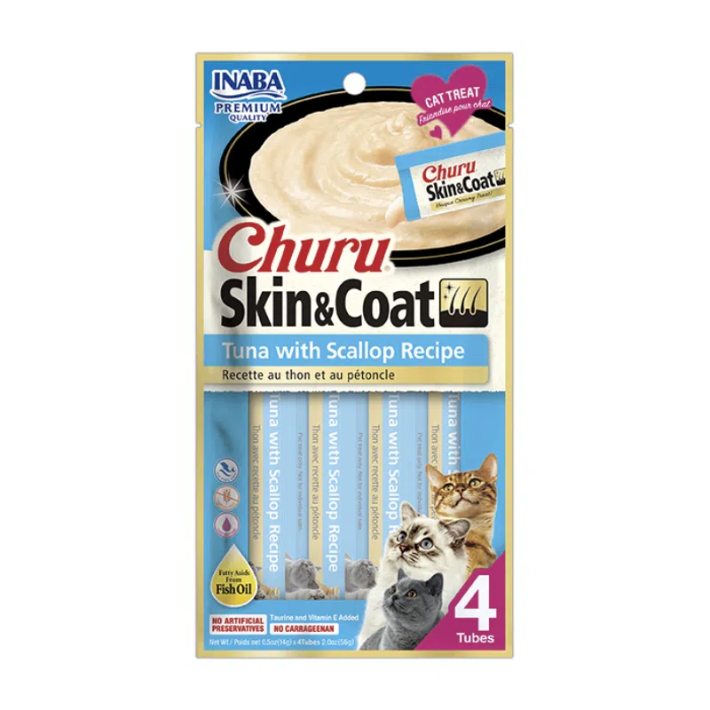 CHURU PARA GATO SKIN & COAT SABOR ATÚN CON OSTIÓN. PRESENTACIÓN 4UN DE 56 GRS