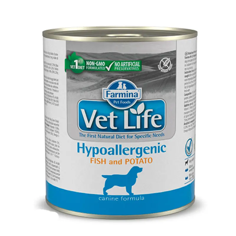 VETLIFE HYPOALERGENICO PARA PERRO SABOR PESCADO Y PAPAS. PRESENTACIÓN 300 GRS