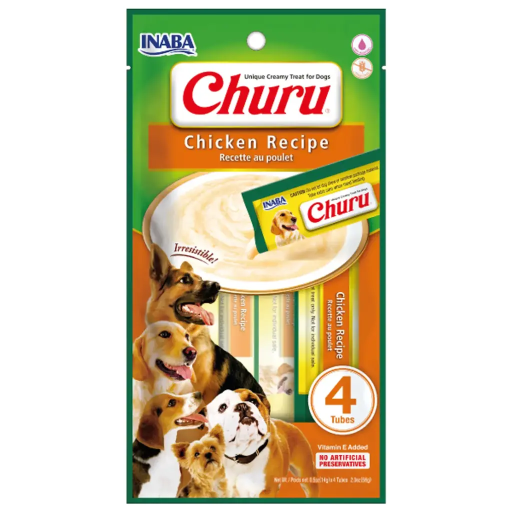 CHURU PARA PERRO SABOR POLLO. PRESENTACIÓN 4 UN 56 GRS