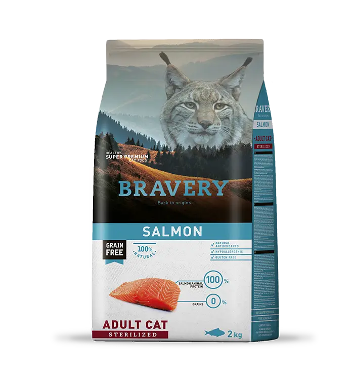 BRAVERY SALMON GATOS ADULTOS ESTERILIZADOS. PRESENTACIÓN 2 KG