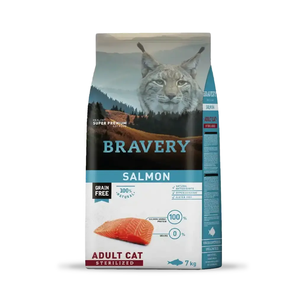 BRAVERY SALMON GATOS ADULTOS ESTERILIZADOS. PRESENTACIÓN 7 KG
