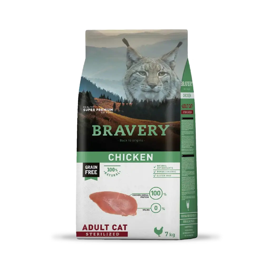 BRAVERY POLLO GATOS ADULTOS ESTERILIZADOS. PRESENTACIÓN 7 KG