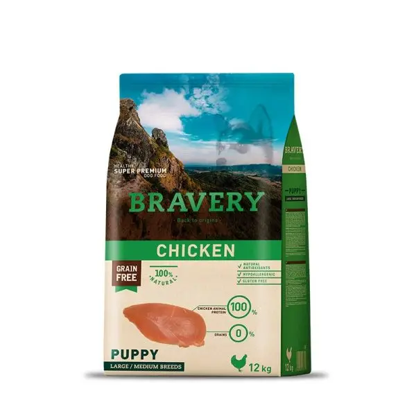 BRAVERY POLLO CACHORRO RAZAS MEDIANAS Y GRANDES. PRESENTACIÓN 12 KG