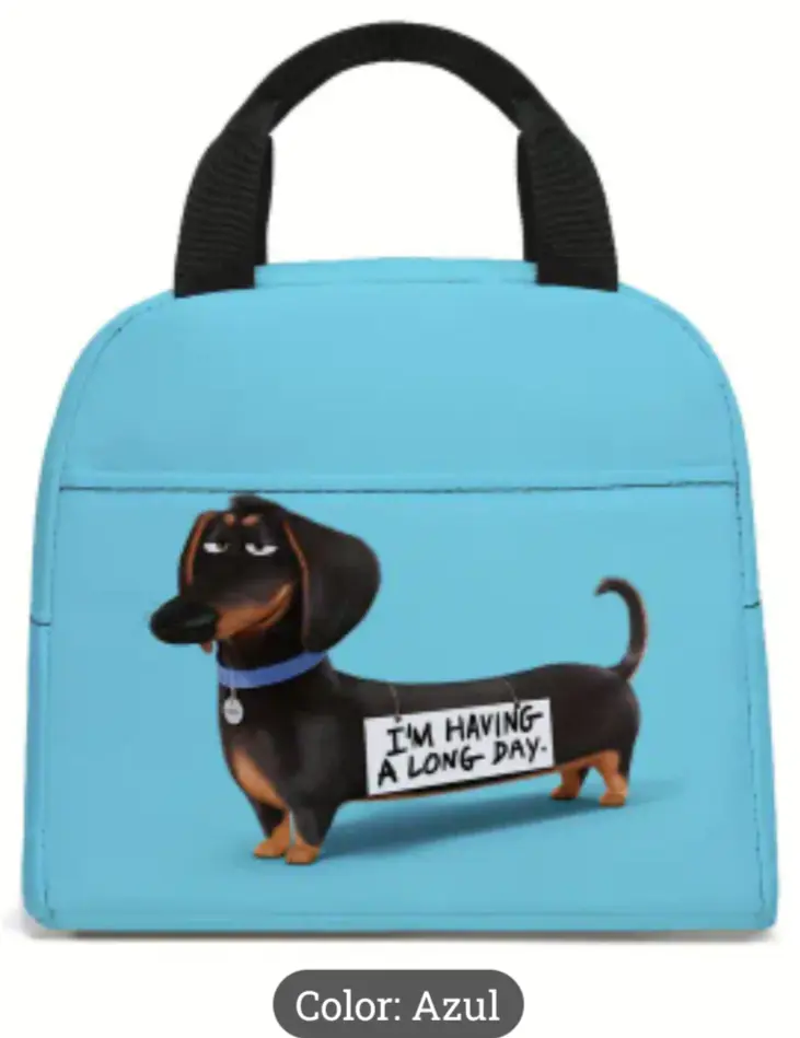 BOLSO TÉRMICO CARICATURA SALCHICHA. FONDO AZUL