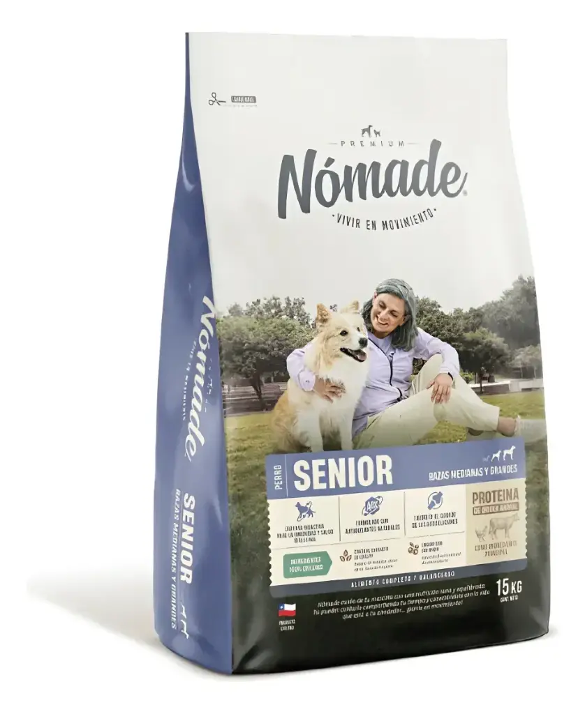 NOMADE SENIOR_RAZAS MEDIANAS Y GRANDES_VACUNO. PRESENTACION 15 KG