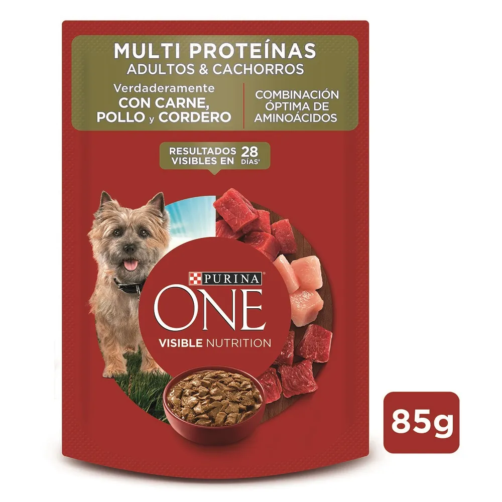 PURINA ONE ADULTO Y CACHORRO CARNE, POLLO, CORDERO. PRESENTACIÓN 85 GRS