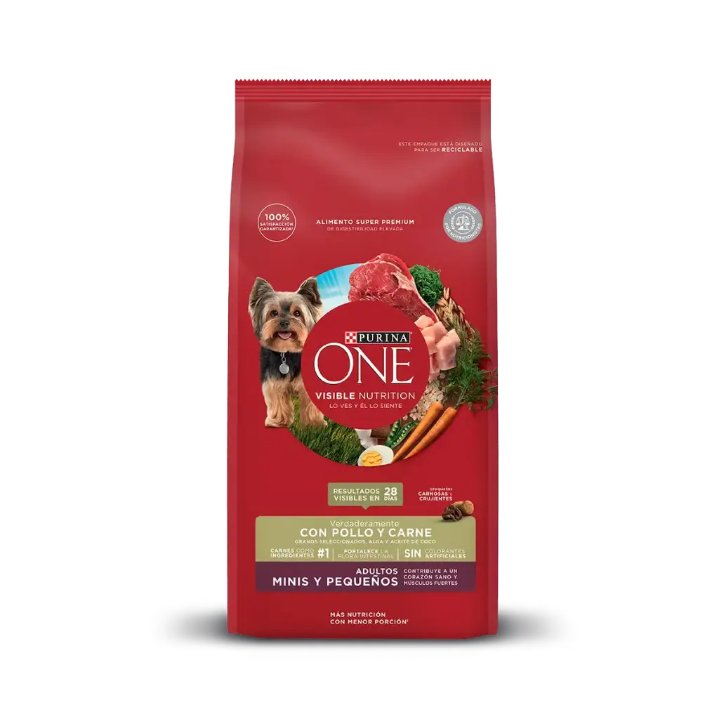 PURINA ONE PARA PERO ADULTO TAMAÑO MINIS Y PEQUEÑOS SABOR CARNE. PRESENTACIÓN 2 KG
