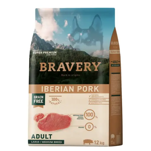 BRAVERY CERDO IBÉRICO ADULTO RAZAS MEDIANAS Y GRANDES. PRESENTACIÓN 12 KG 