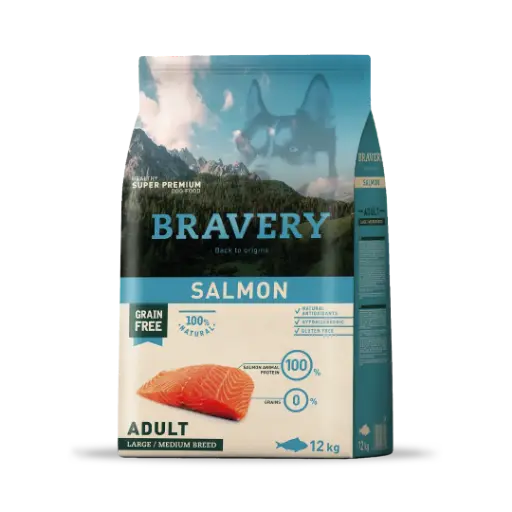 BRAVERY SALMON ADULTO RAZAS MEDIANAS Y GRANDES. PRESENTACIÓN 12 KG 