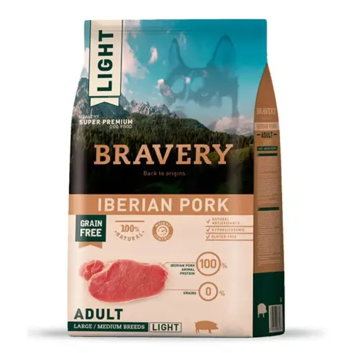 BRAVERY LIGHT ADULTO CERDO IBÉRICO RAZAS MEDIANAS Y GRANDES. PRESENTACIÓN 12 KG 