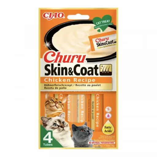 CHURU PARA GATO SKIN & COAT SABOR POLLO. PRESENTACIÓN 4 UN DE 56 GRS 
