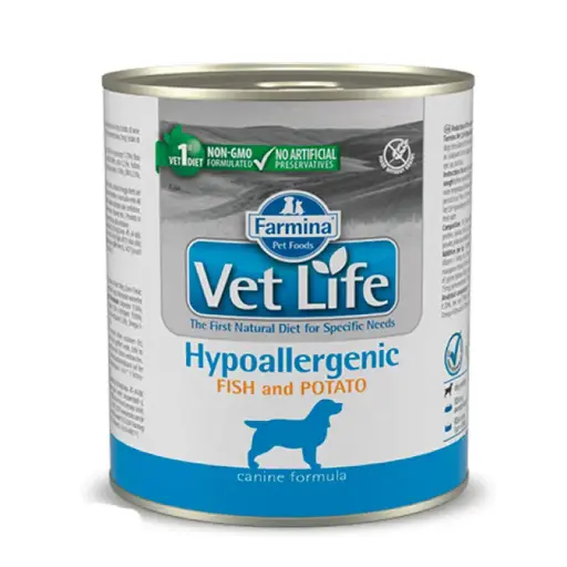 VETLIFE HYPOALERGENICO PARA PERRO SABOR PESCADO Y PAPAS. PRESENTACIÓN 300 GRS