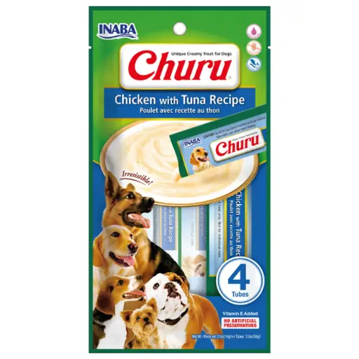 CHURU PARA PERRO SABOR POLLO CON ATUN. PRESENTACIÓN 4 UN DE 56 GRS