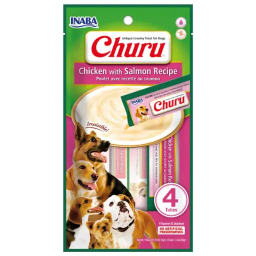 CHURU PARA PERRO SABOR POLLO CON SALMON. PRESENTACIÓN 4 UN DE 56 GRS