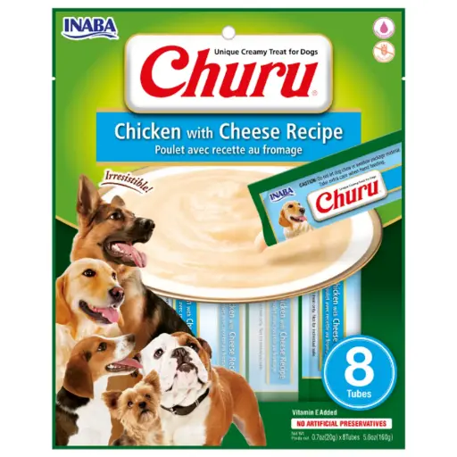 CHURU PARA PERRO SABOR POLLO CON QUESO. PRESENTACIÓN 4 UN DE 56 GRS