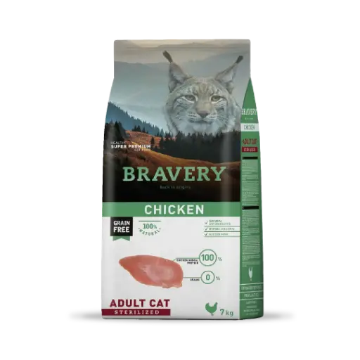 BRAVERY POLLO GATOS ADULTOS ESTERILIZADOS. PRESENTACIÓN 7 KG