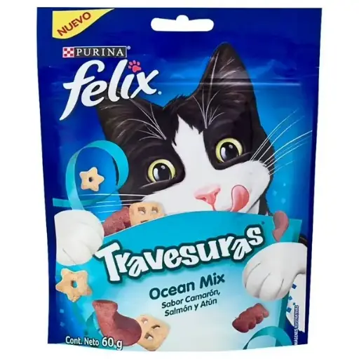 GALLETAS FELIX TRAVESURAS SABOR CAMARON, SALMON Y ATÚN. PRESENTACIÓN 60 GRS