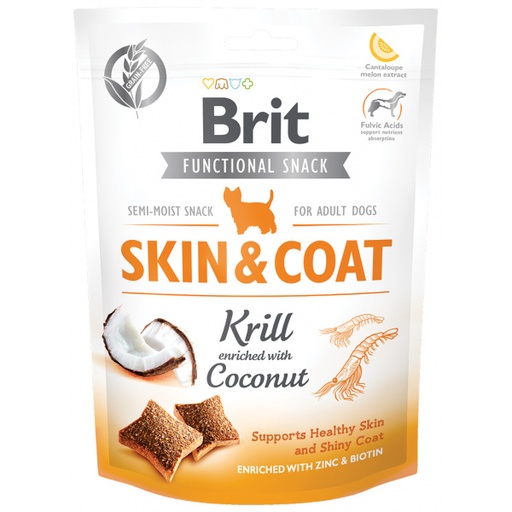BRIT FUNCTIONAL SNACK SKIN & COAT KRILL Y COCO. PRESENTACIÓN 150 GR